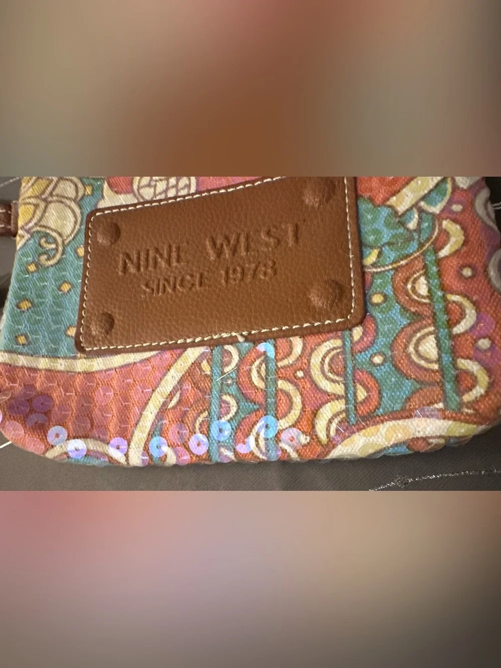 Nine West Brown Leather-Trim Wristlet Multicolor with Iridescent Sequins